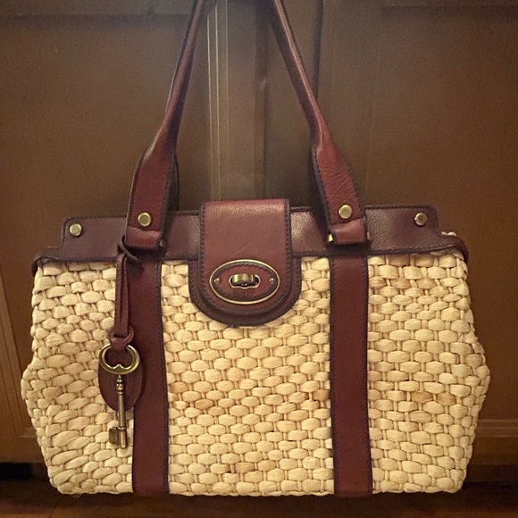 Fossil Natural Straw Brown Leather Trim Satchel Purse - Picture 6 of 15